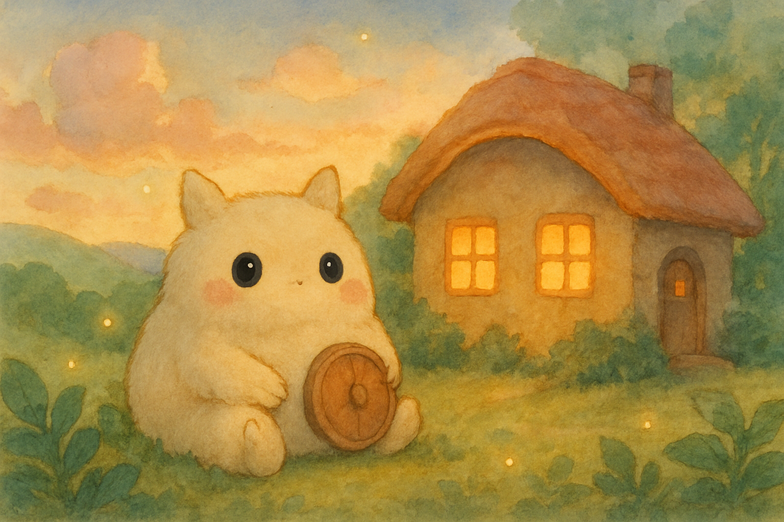 A cozy guardian spirit watching over a little glowing cottage